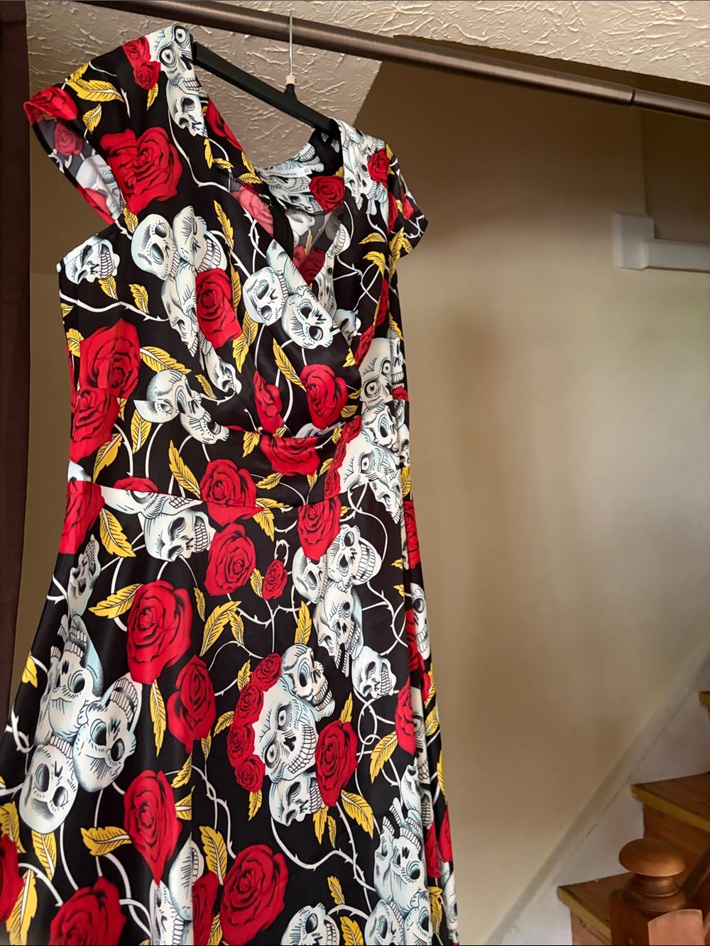 Black Midi Dress with Red Rose & Skull Print